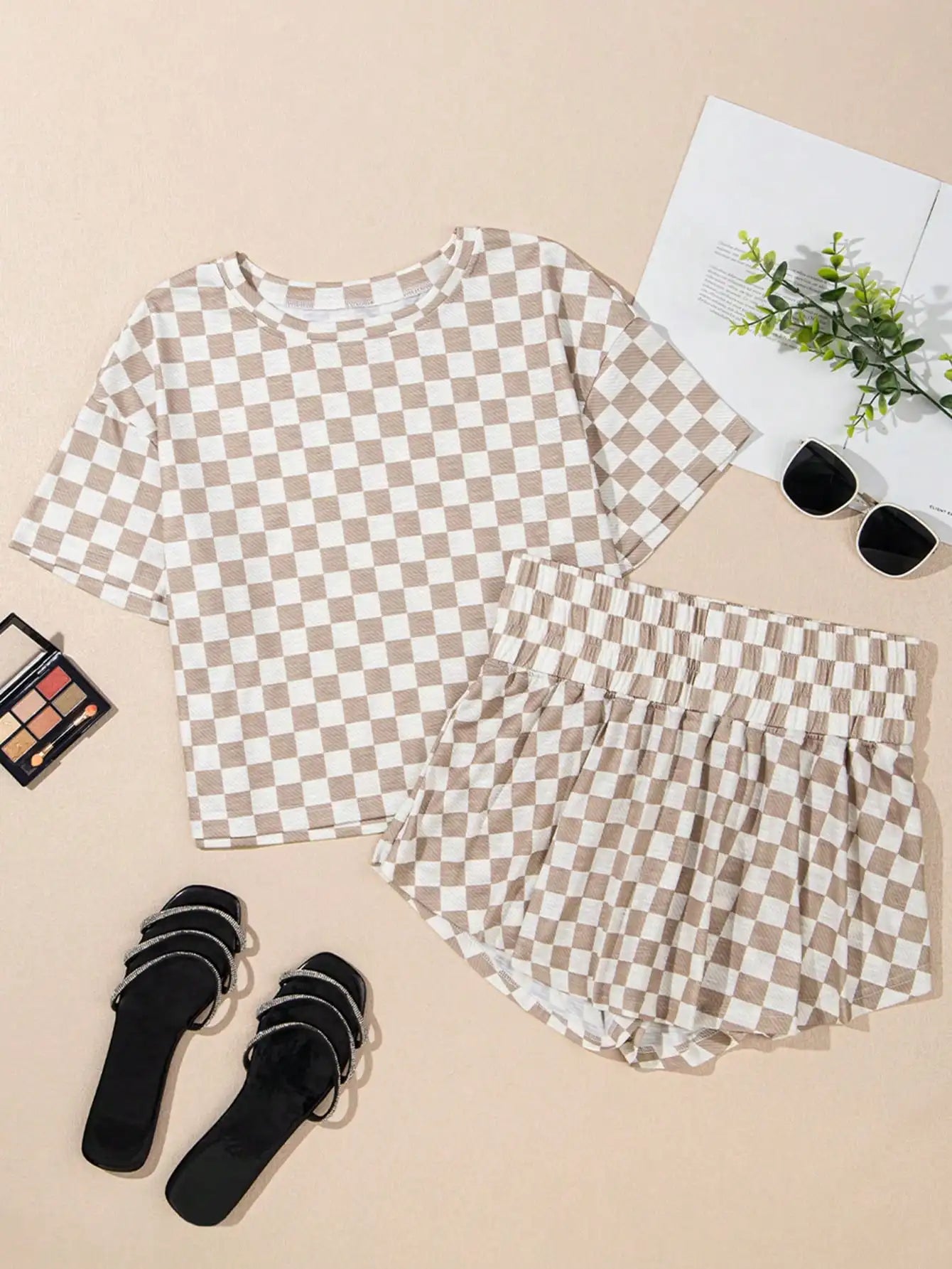 Brown & White Checkered 2-Piece Set: Short Sleeve Top + High Waist Skirt for Casual & Home Wear