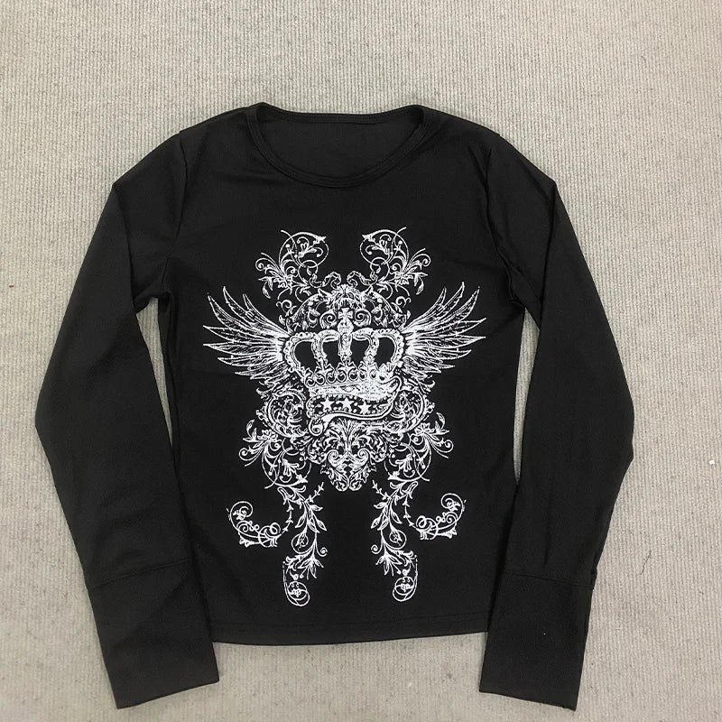 Crown wing print ribbed INS long sleeved top 2026 women's black slim fit Gothic Y2K dark street style T-shirt