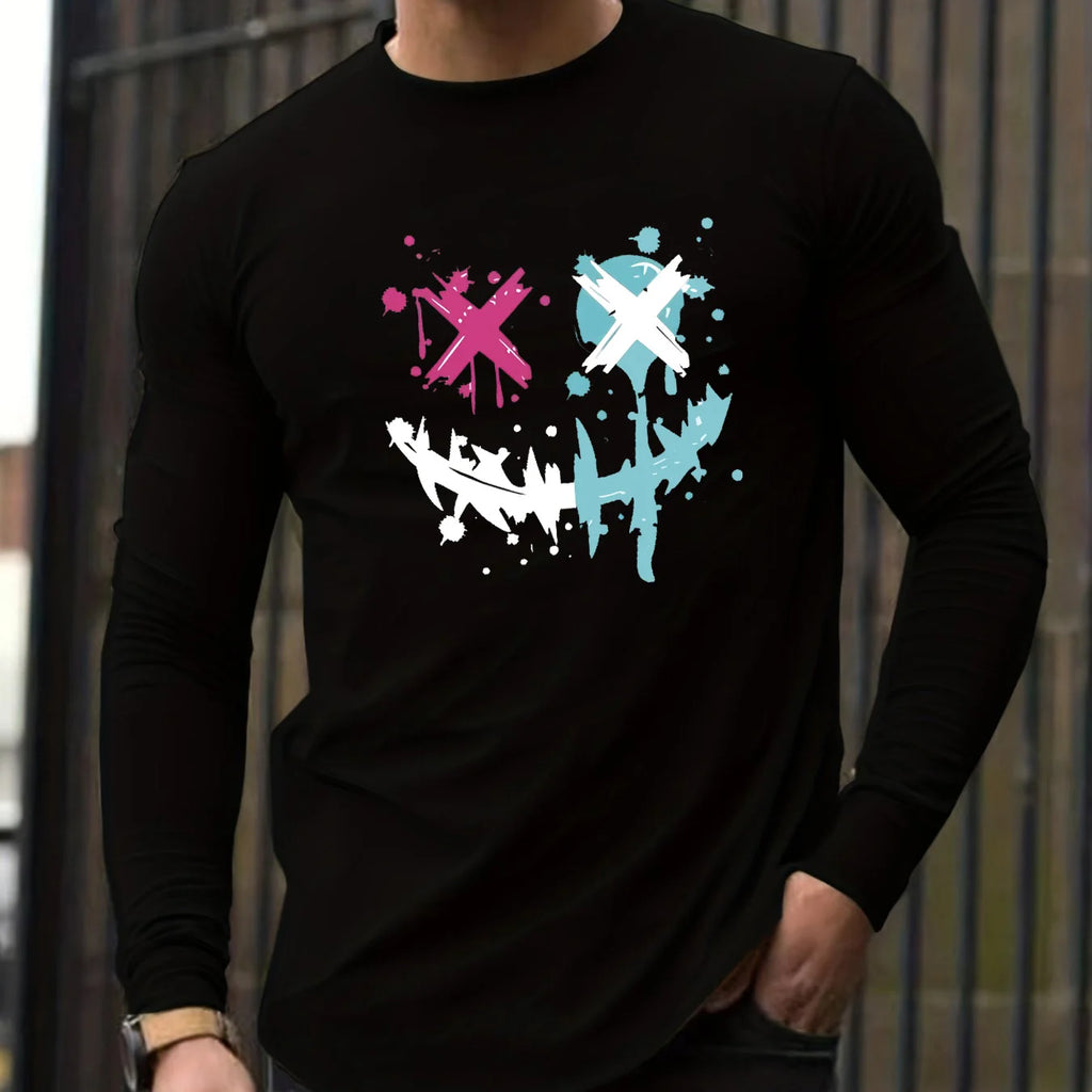 100% pure cotton men's long sleeved round neck loose smiling face pattern printed spring and autumn casual versatile T-shirt top