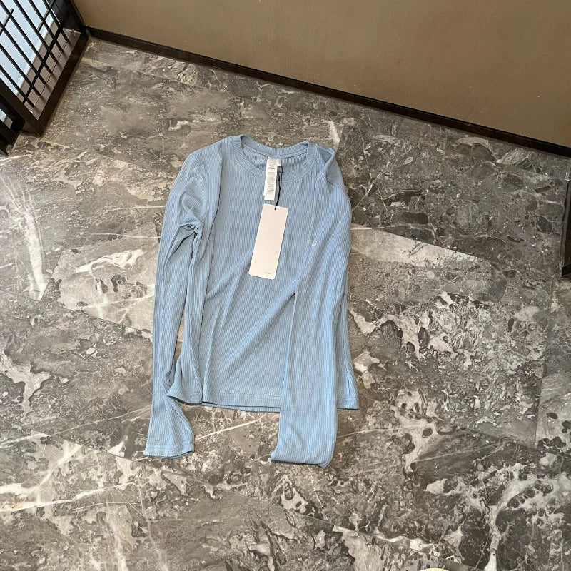 Yoga Round Neck Long Sleeve T-Shirt Women's New Threaded Knitted High Elastic Bottom Slim Skinny Casual Sports Top