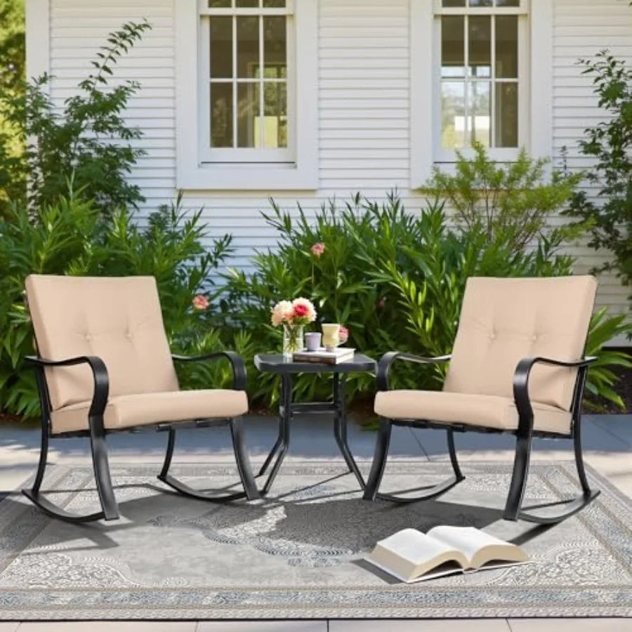 SUNCROWN Outdoor 3-Piece Rocking Chairs Patio Bistro Set Black Steel Furniture with Thickened Cushion and Glass-Top Coffee Tabl