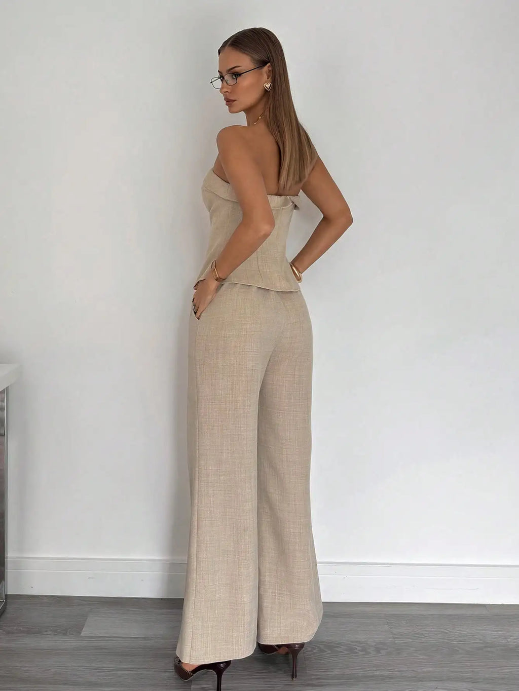 Beige Two-Piece Suit Set with Strapless Top & Wide Leg Pants for Office or Casual Wear