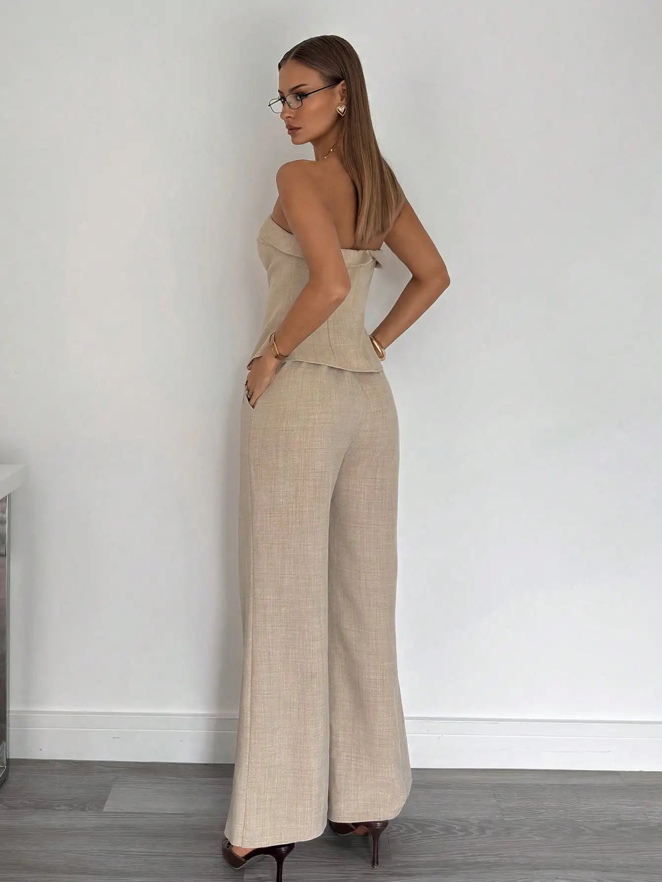 Beige Two-Piece Suit Set with Strapless Top & Wide Leg Pants for Office or Casual Wear