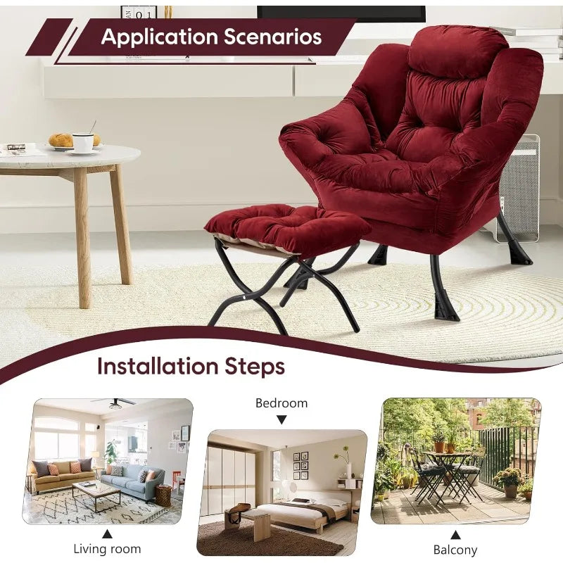 Lazy Chair With Folding Ottoman Modern Large Accent Chair,Contemporary Lounge Leisure Sofa Chair With Armrests Upholstered Sofa