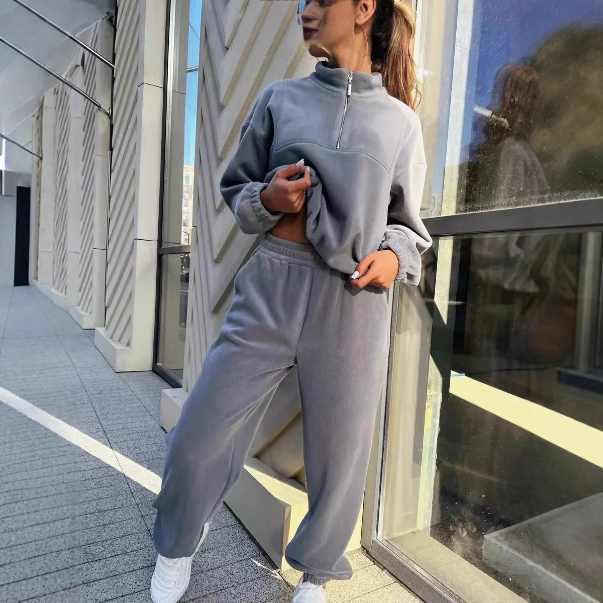 Casual Zip Half Placket Tracksuit Sporty Hooded Pullover Tracksuit Slim Jogger Pants Tracksuit Women Athletic Lounge Set
