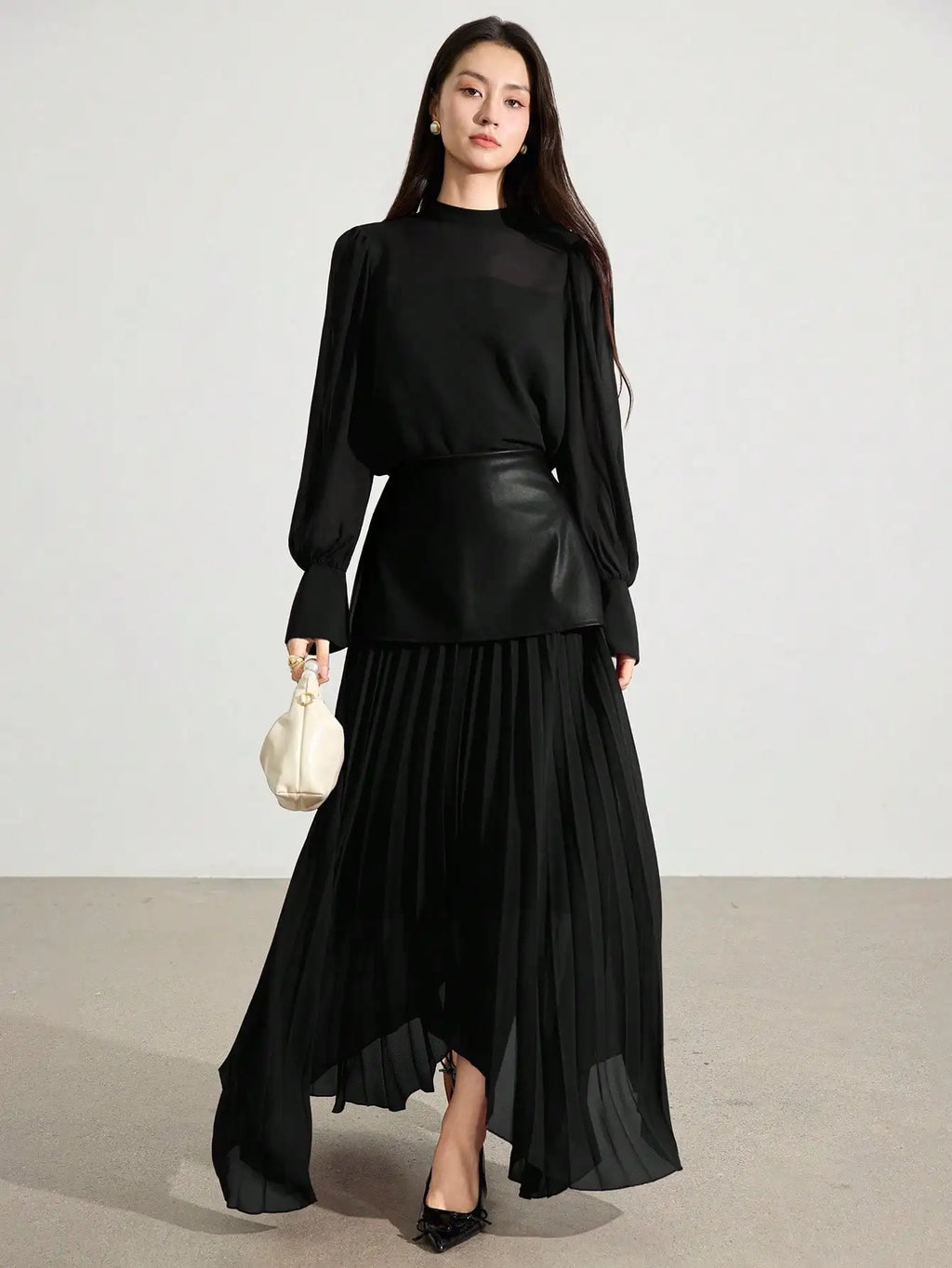 2pcs Women's Elegant Chiffon Long Sleeve Top & Pleated Skirt Set, Autumn Style