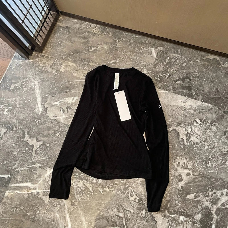 Yoga Round Neck Long Sleeve T-Shirt Women's New Threaded Knitted High Elastic Bottom Slim Skinny Casual Sports Top