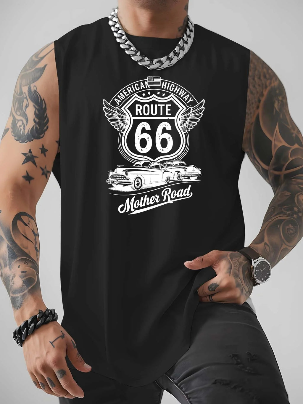Mother Road 66 No. 1 Men's Large-Sized Loose-Fitting Sports V-Neck Shirt, Summer Breathable Quick-Drying Sleeveless T-Shirt