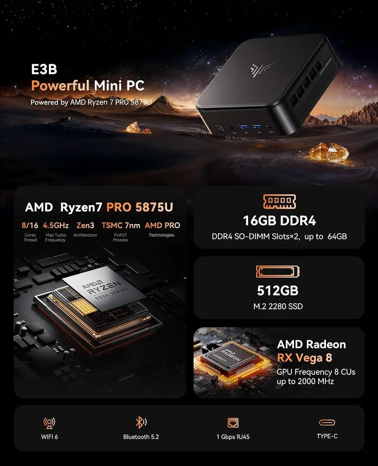Mini PC with AMD 7 PRO 5875U, 16GB DDR4 512GB M.2 SSD Mini Computer, Mini Gaming PC with USB Type-C, Desktop Computer Supports