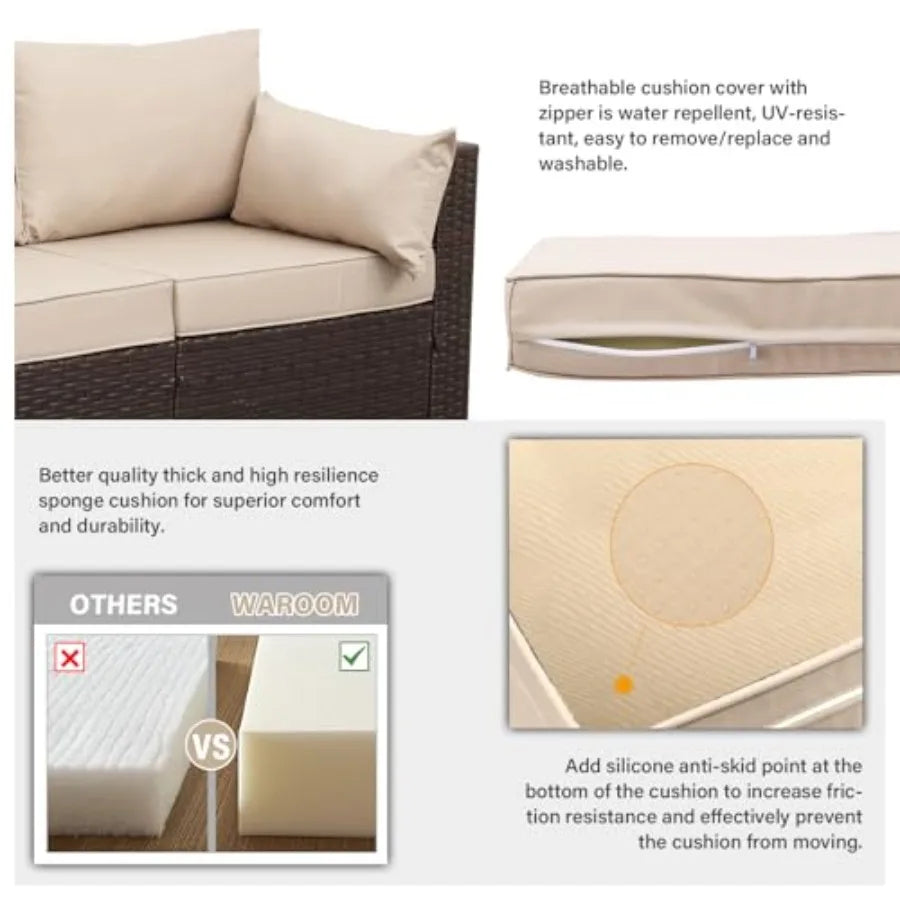 Patio Couch PE Wicker 3-Seat Outdoor Brown Rattan Sofa Deep Seating Furniture with Non-Slip Beige Cushion