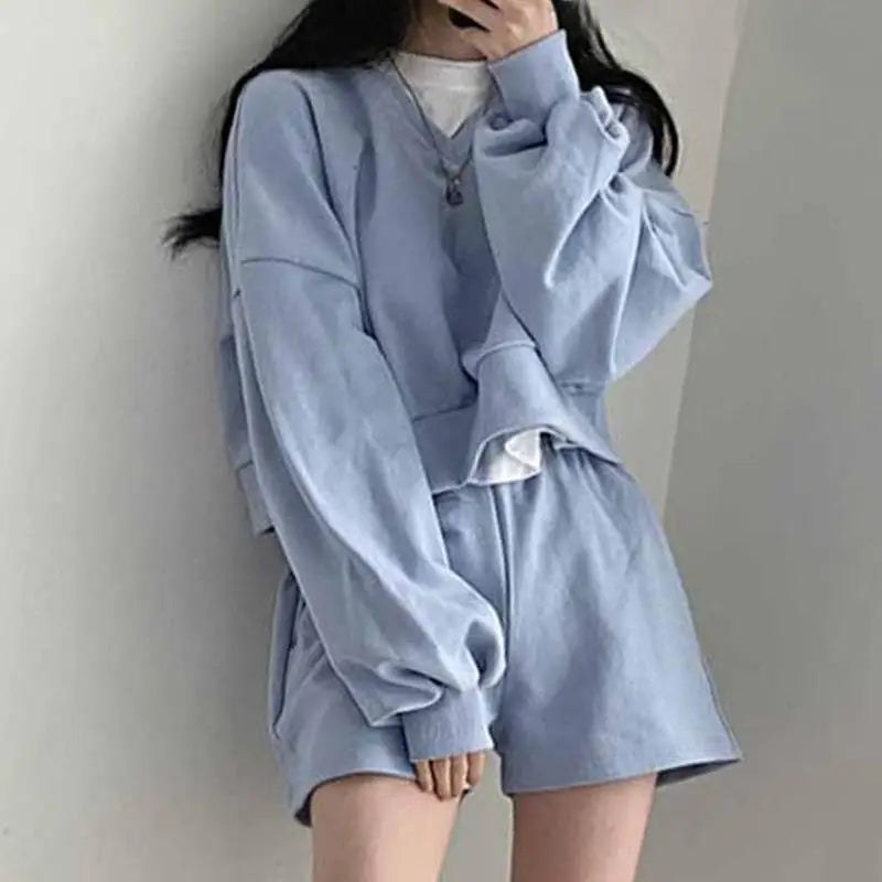 Korean Set Lazy V Neck Pullover Sweatshirt Set Loose Long Sleeve Casual Loungewear Set High Waist Wide Leg Shorts Outfit