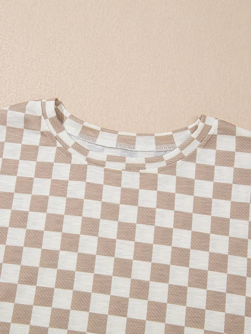 Brown & White Checkered 2-Piece Set: Short Sleeve Top + High Waist Skirt for Casual & Home Wear