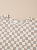Brown & White Checkered 2-Piece Set: Short Sleeve Top + High Waist Skirt for Casual & Home Wear