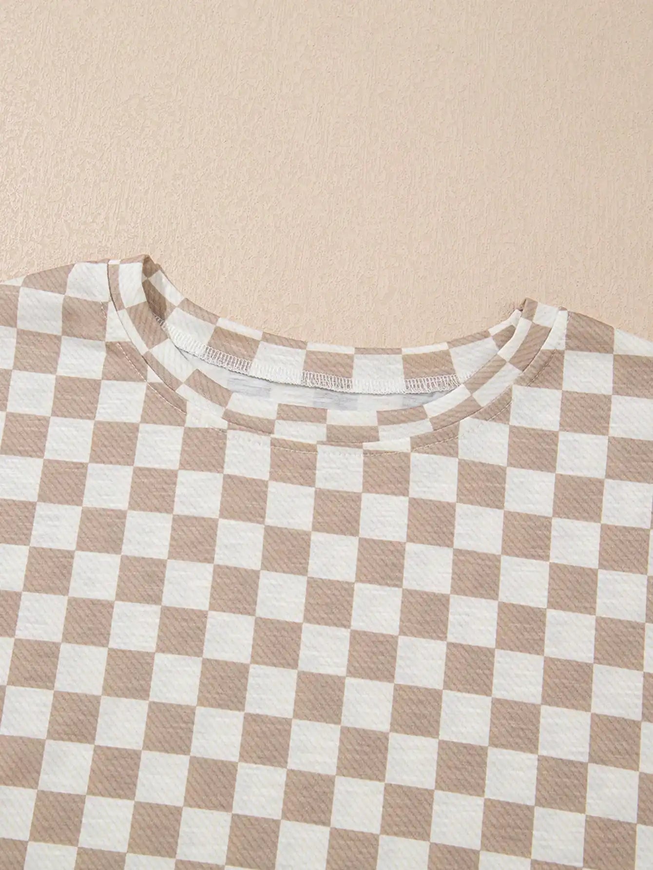 Brown & White Checkered 2-Piece Set: Short Sleeve Top + High Waist Skirt for Casual & Home Wear