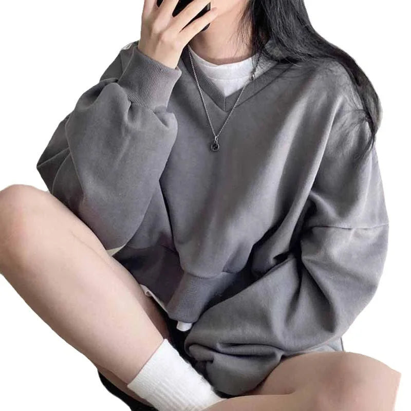 Korean Set Lazy V Neck Pullover Sweatshirt Set Loose Long Sleeve Casual Loungewear Set High Waist Wide Leg Shorts Outfit