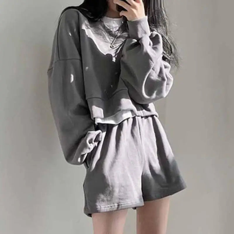 Korean Set Lazy V Neck Pullover Sweatshirt Set Loose Long Sleeve Casual Loungewear Set High Waist Wide Leg Shorts Outfit