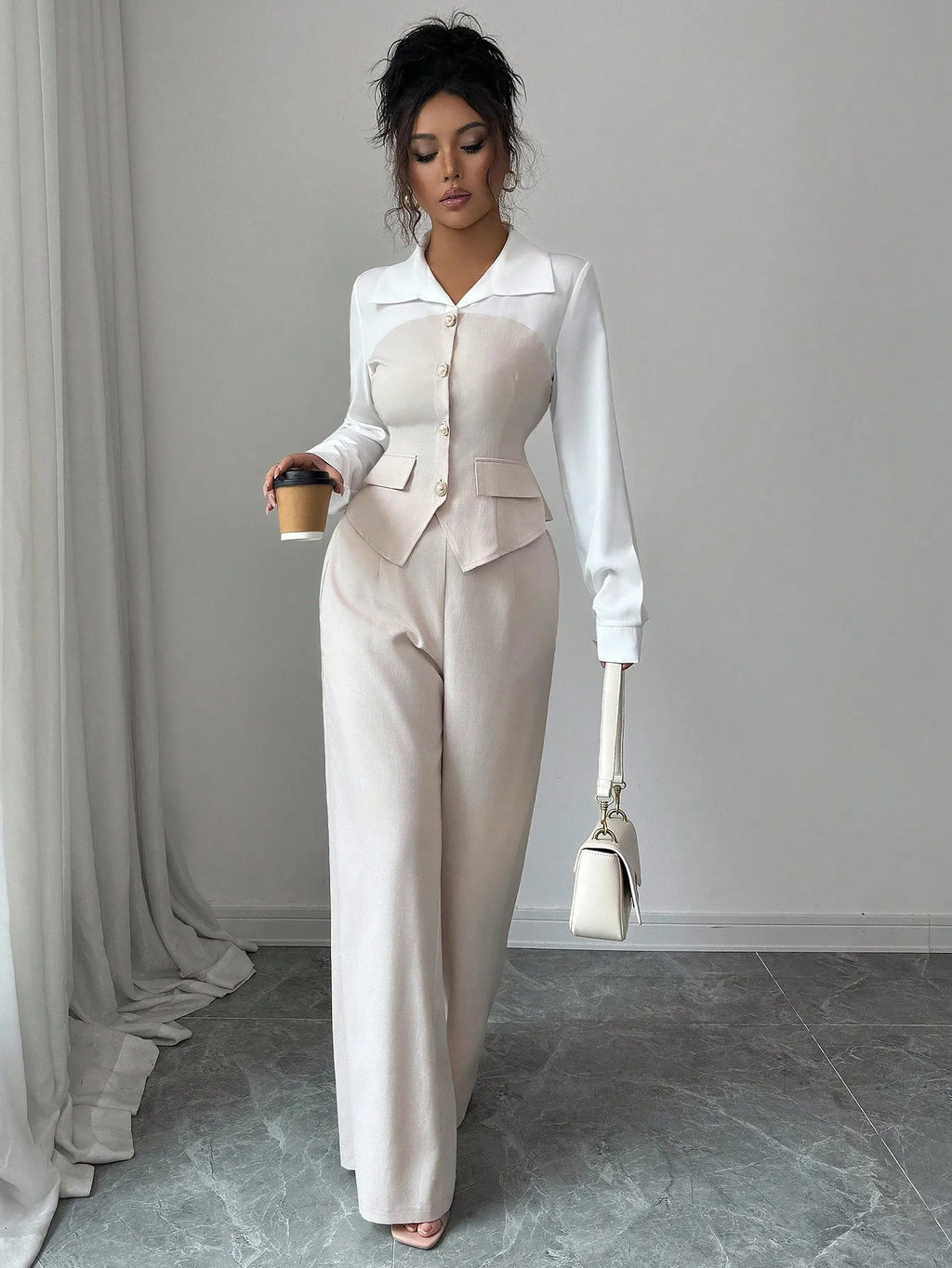 Elegant 2-Piece Suit with Pearl Buttons & Wide Leg Pants for Office or Casual Wear