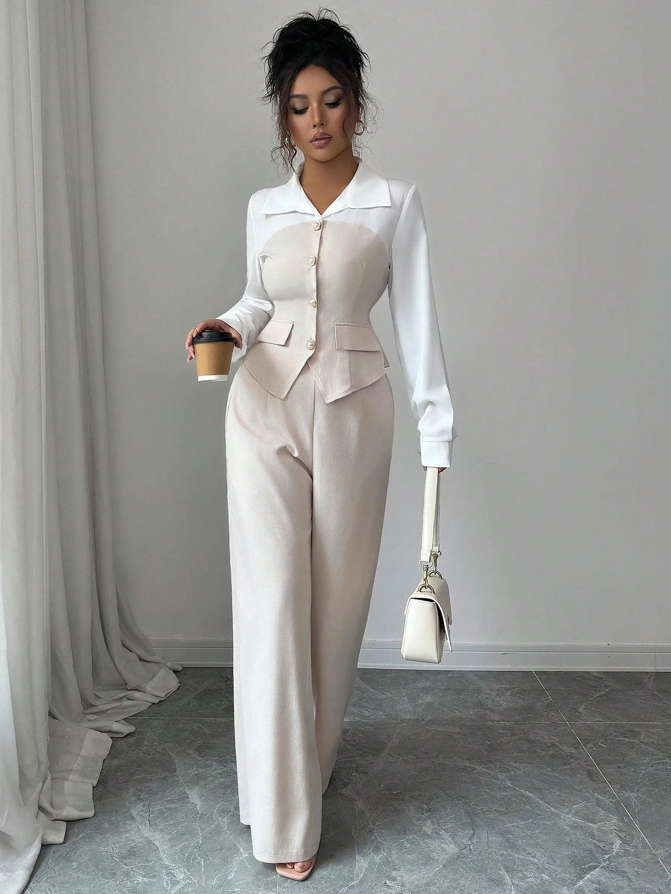 Elegant 2-Piece Suit with Pearl Buttons & Wide Leg Pants for Office or Casual Wear