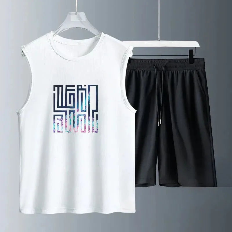 Summer Mens Casual Basketball Outfit 2 Piece Breathable Short Sleeve Tshirt and Jogging Shorts Set Street Sportwear for Men Thin
