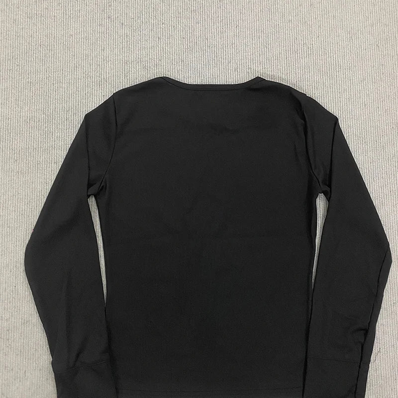 Crown wing print ribbed INS long sleeved top 2026 women's black slim fit Gothic Y2K dark street style T-shirt