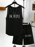 Ew People Art Letter Print Men Mesh Tank Tops Suits Crewneck Sleeveless Vest Summer Pocket Drawstring Black Pant Wide-Leg Shorts