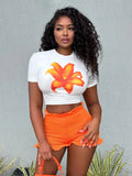 Women's Summer Floral Crop Top & Orange Ruffle Hem Shorts Set, Casual Beachwear Matching Outfit