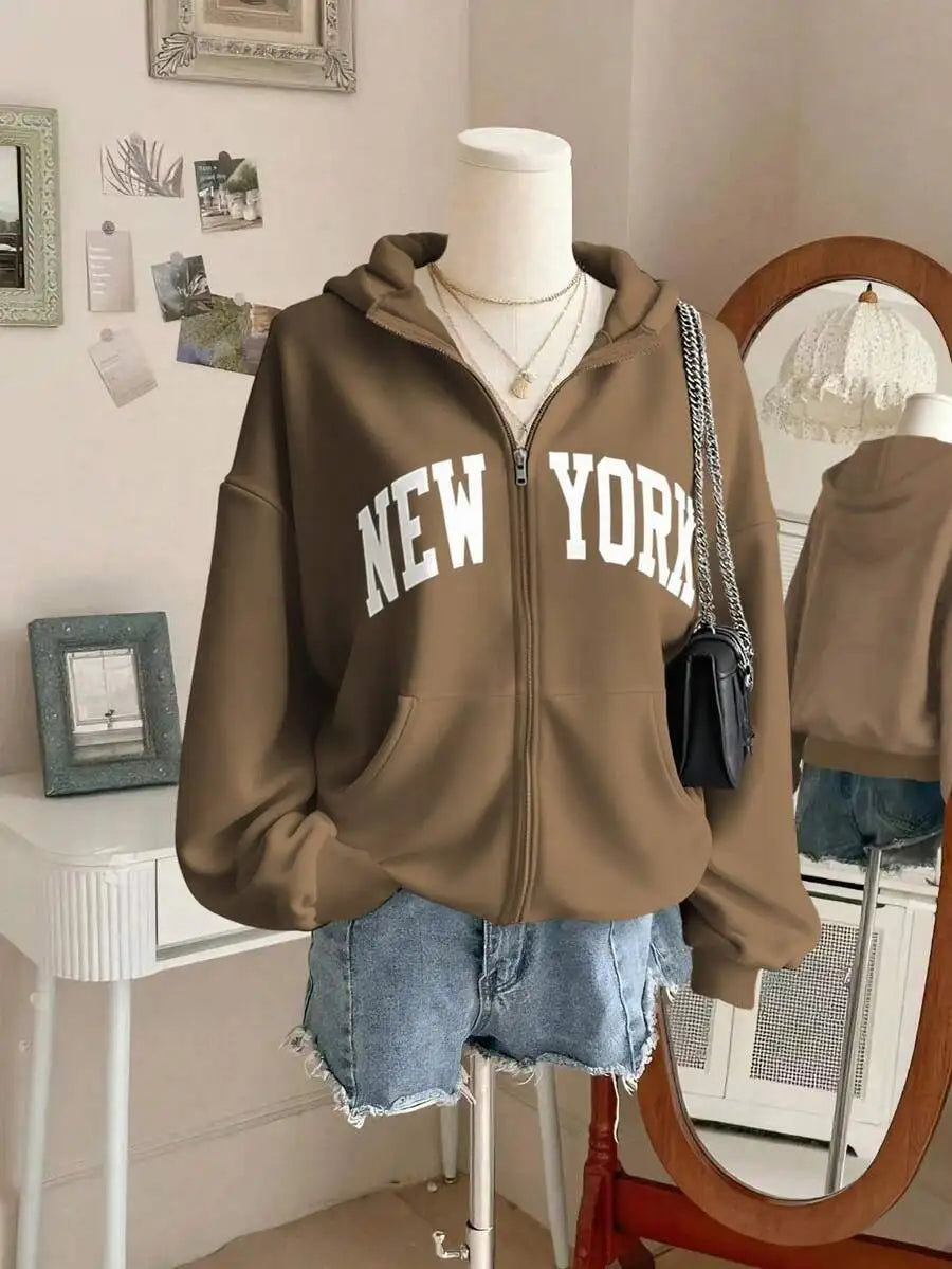 Women's Oversized Zip-Up Hoodie with Bold Arch Letter Graphic