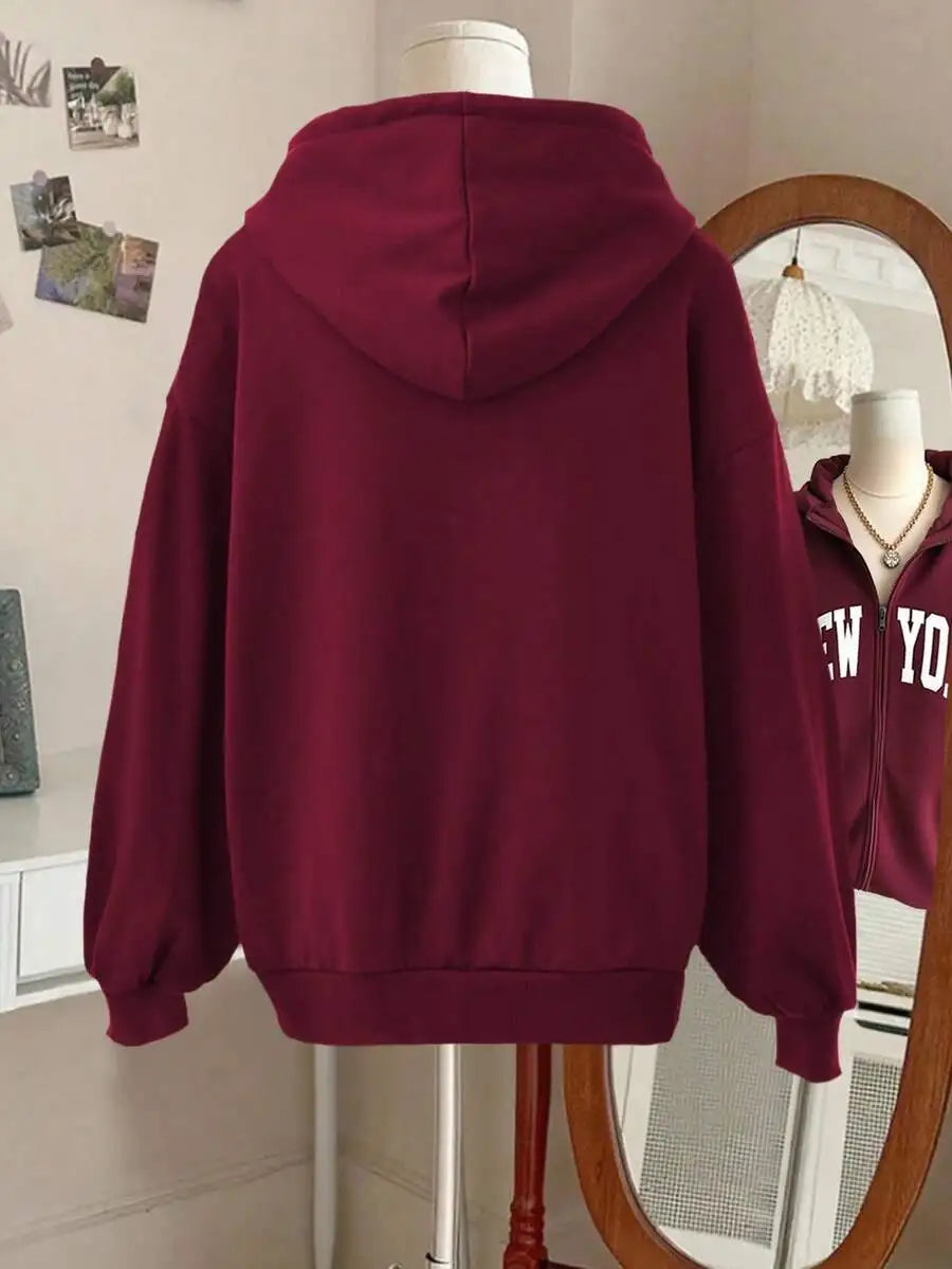 Women's Oversized Zip-Up Hoodie with Bold Arch Letter Graphic