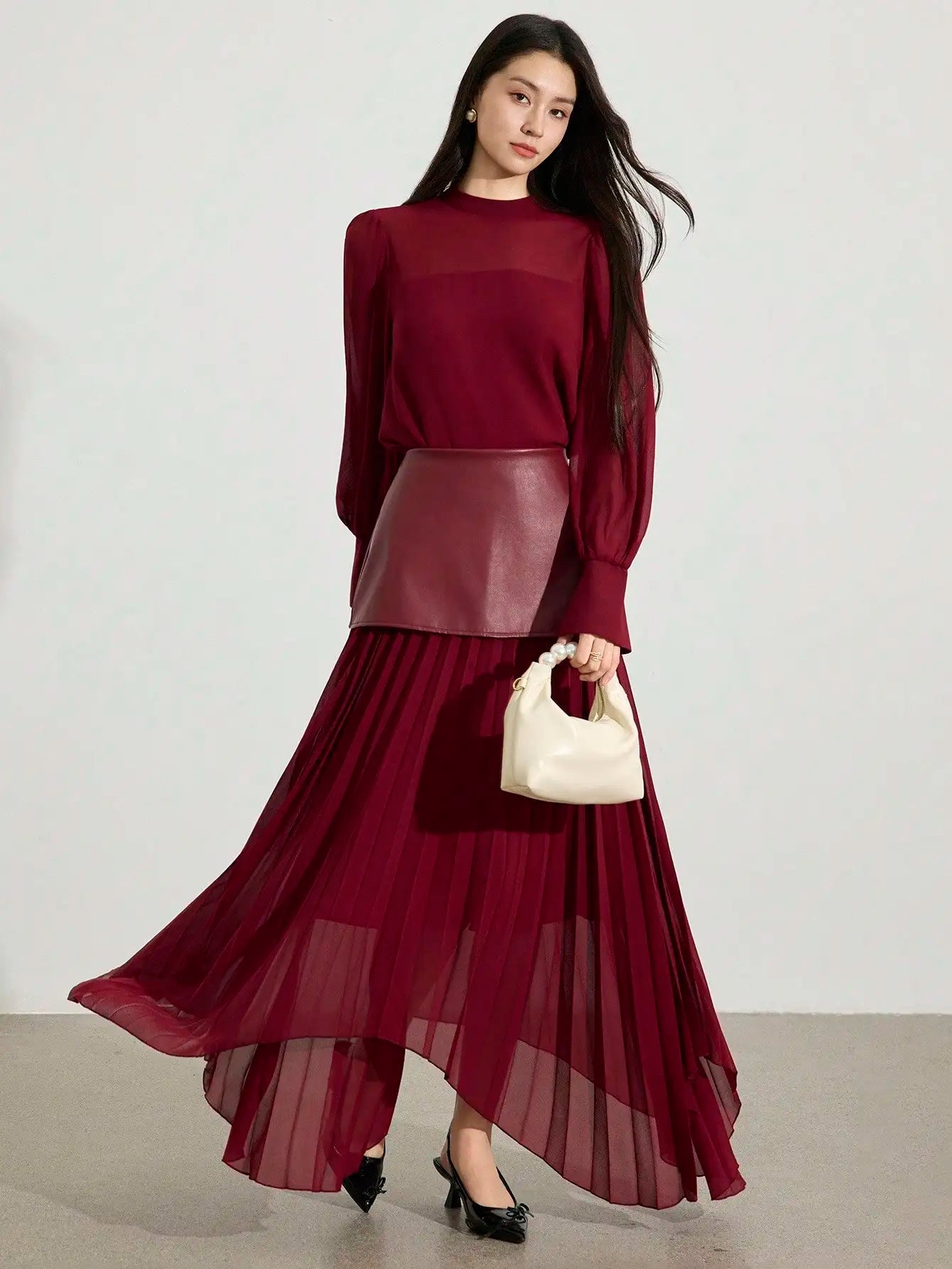 2pcs Women's Elegant Chiffon Long Sleeve Top & Pleated Skirt Set, Autumn Style