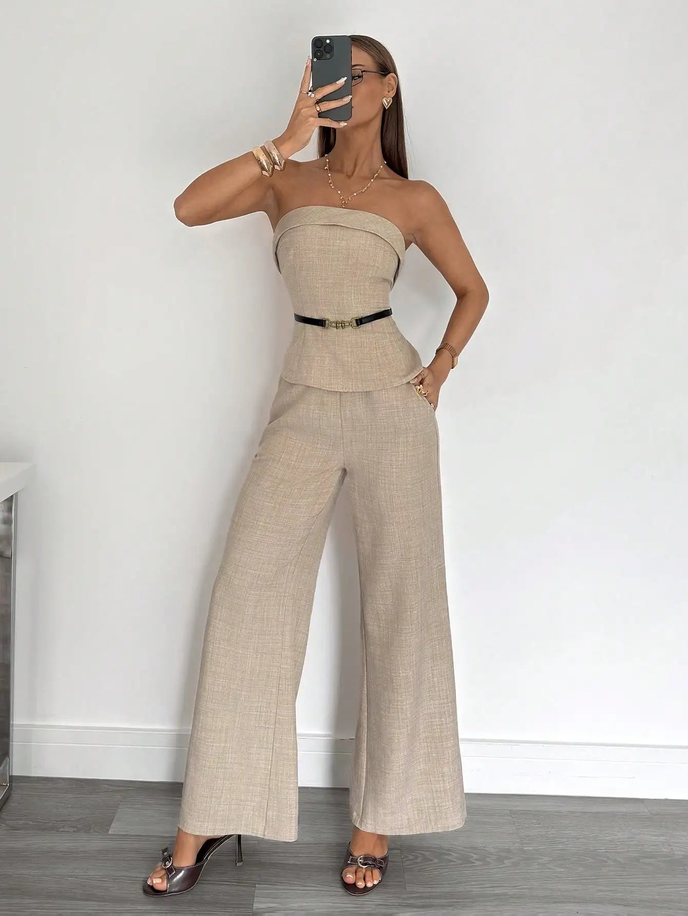 Beige Two-Piece Suit Set with Strapless Top & Wide Leg Pants for Office or Casual Wear