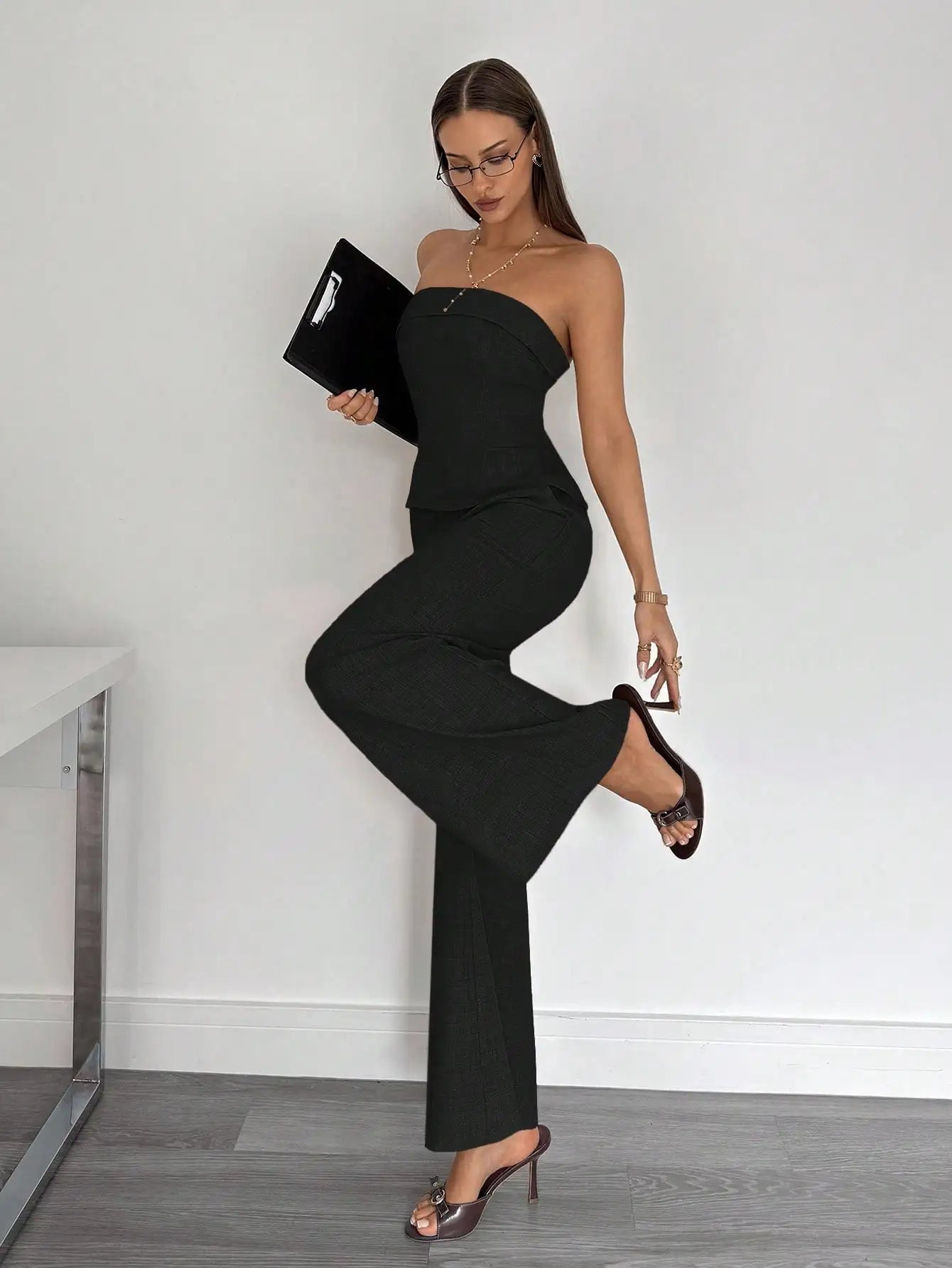 Beige Two-Piece Suit Set with Strapless Top & Wide Leg Pants for Office or Casual Wear
