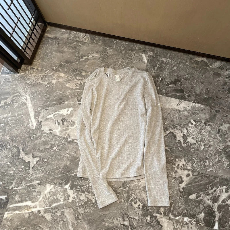 Yoga Round Neck Long Sleeve T-Shirt Women's New Threaded Knitted High Elastic Bottom Slim Skinny Casual Sports Top