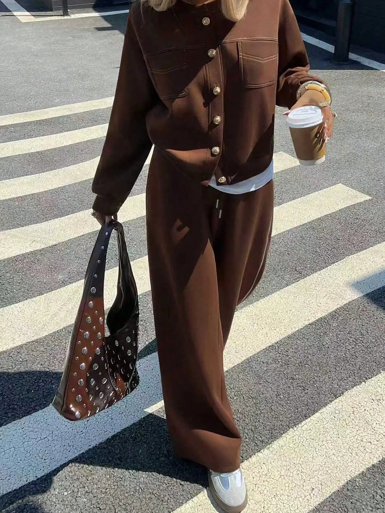 Brown Drop Shoulder Button Front Jacket & Wide Leg Pants 2 Piece Set for Casual Fall Outfits