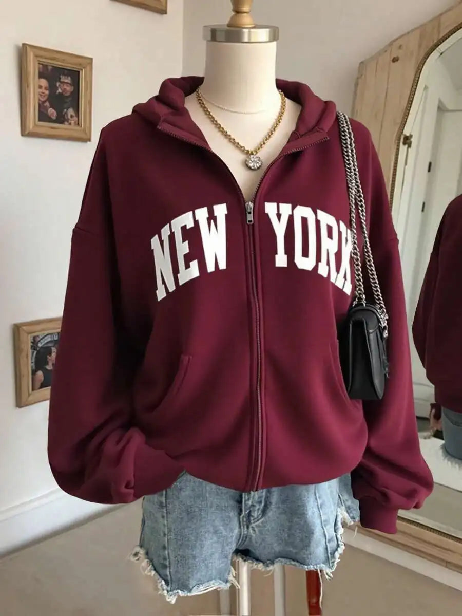 Women's Oversized Zip-Up Hoodie with Bold Arch Letter Graphic