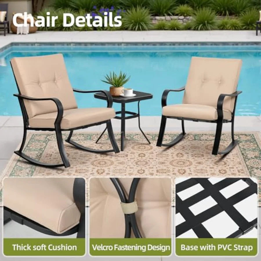 SUNCROWN Outdoor 3-Piece Rocking Chairs Patio Bistro Set Black Steel Furniture with Thickened Cushion and Glass-Top Coffee Tabl