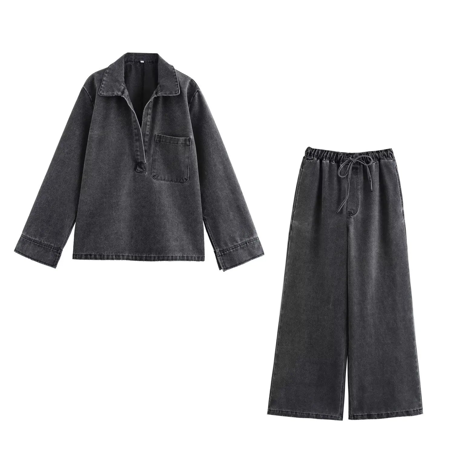 Pullover Collar Pocket Shirt Denim Set Drawstring Casual Pants Jeans Set Light Soft Jean Outfit Women Relaxed Fit Denim Outfit