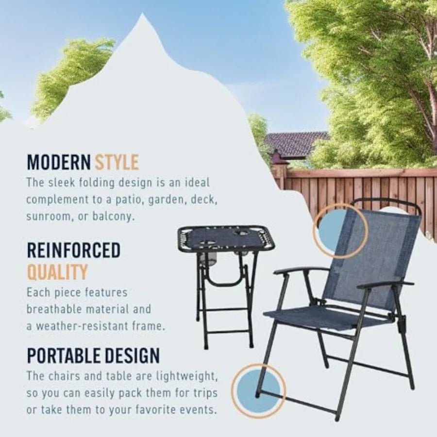 Trapper's Peak 3-Piece Folding Outdoor Patio Set Patio Chairs and Table Backyard Furniture Blue