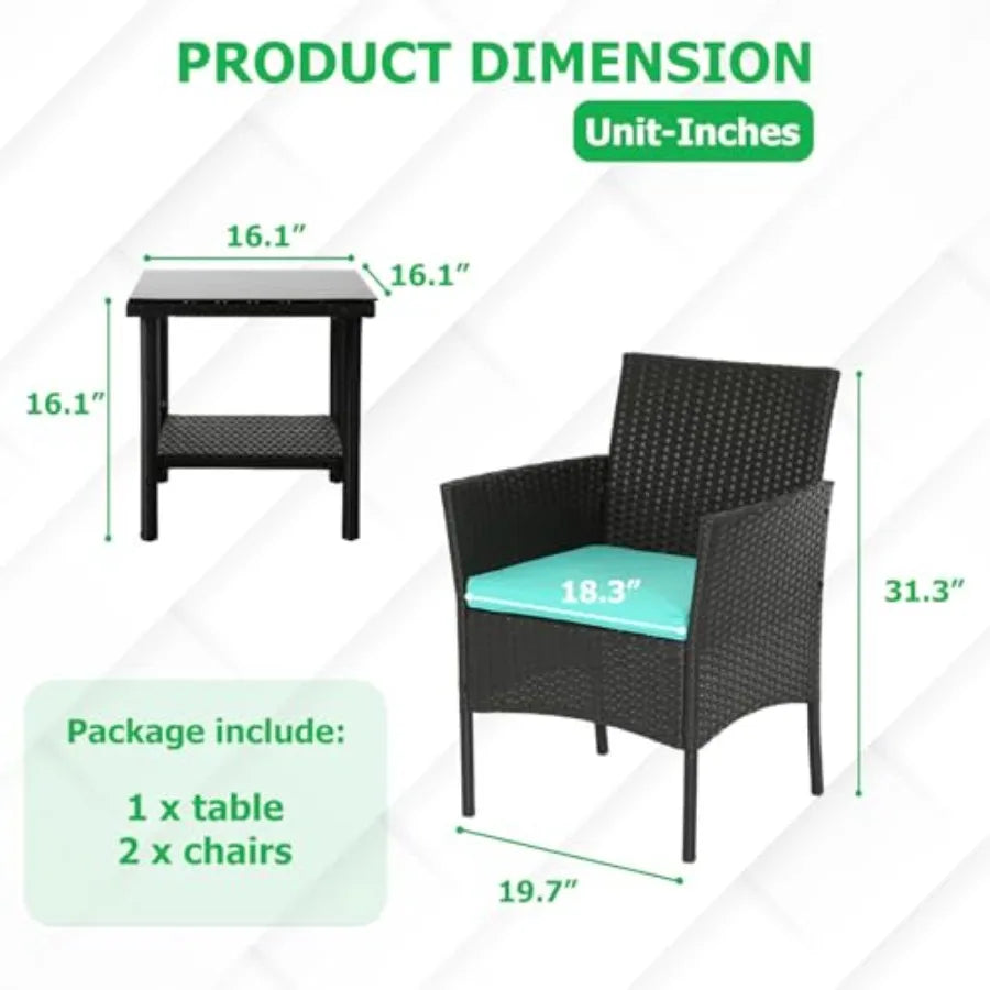 FDW 3 Piece Outdoor Furniture Set Patio Wicker Chairs Furniture Bistro Conversation Set 2 Rattan Chairs with Blue Cushions and