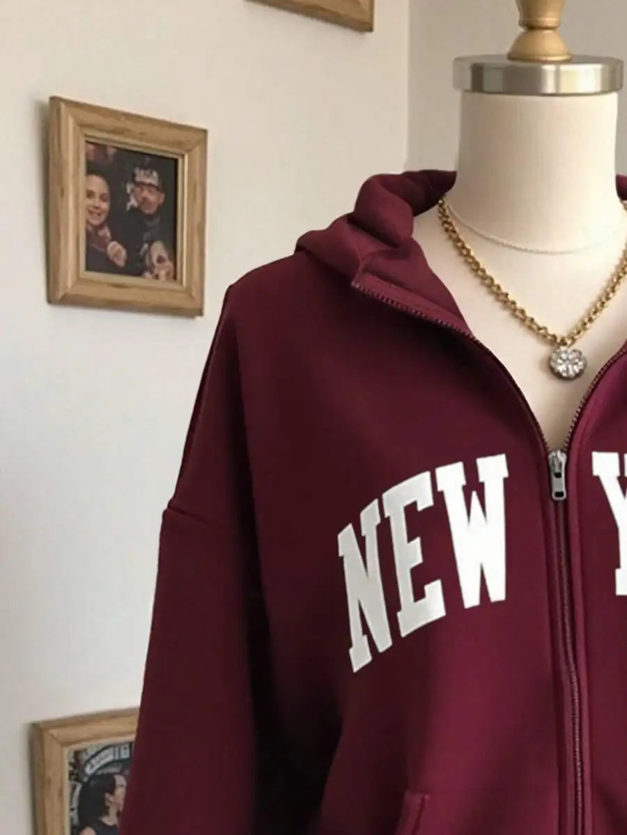 Women's Oversized Zip-Up Hoodie with Bold Arch Letter Graphic