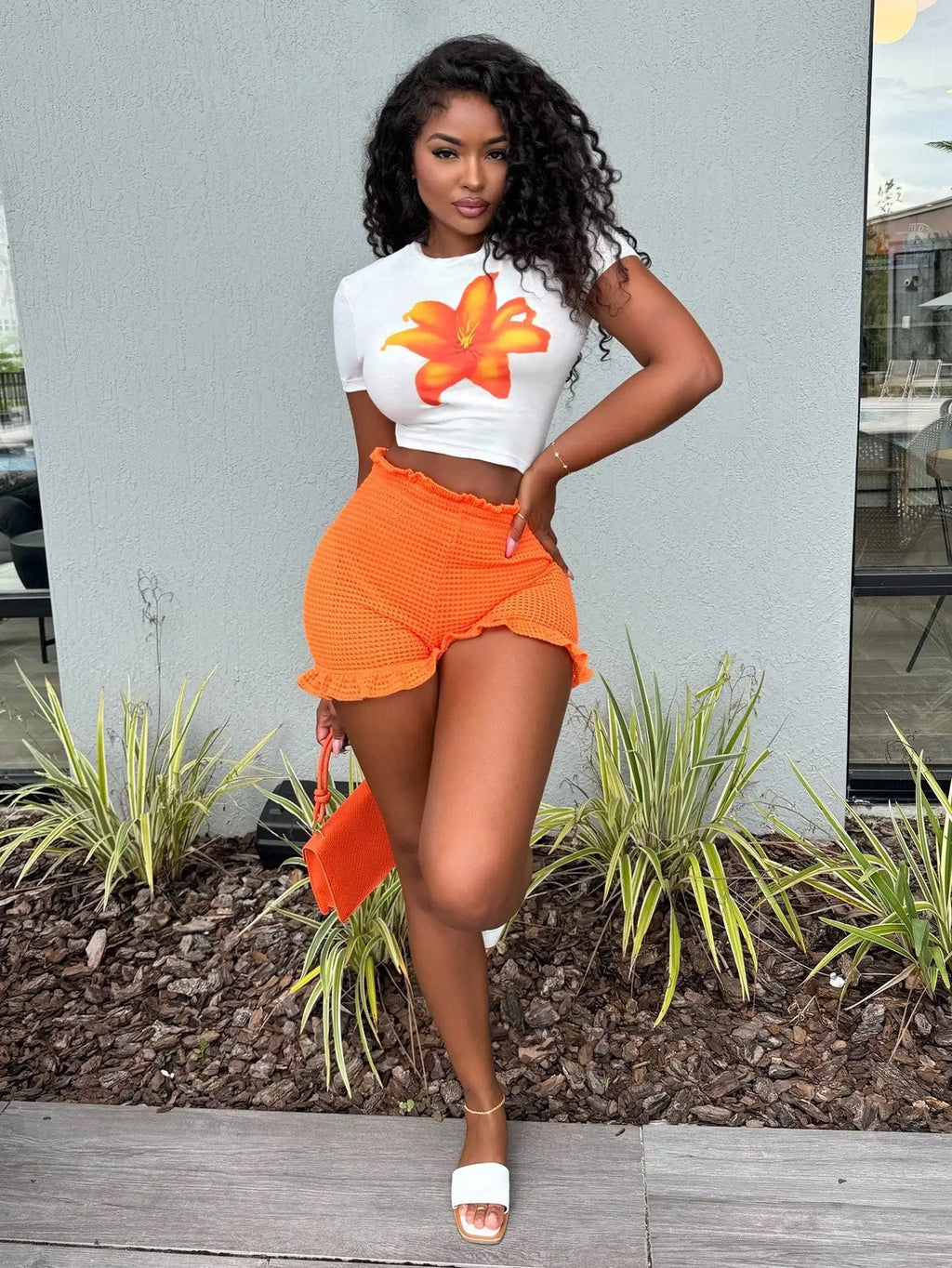 Women's Summer Floral Crop Top & Orange Ruffle Hem Shorts Set, Casual Beachwear Matching Outfit