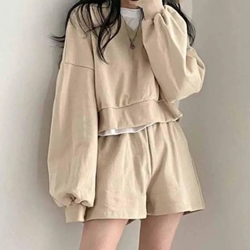 Korean Set Lazy V Neck Pullover Sweatshirt Set Loose Long Sleeve Casual Loungewear Set High Waist Wide Leg Shorts Outfit