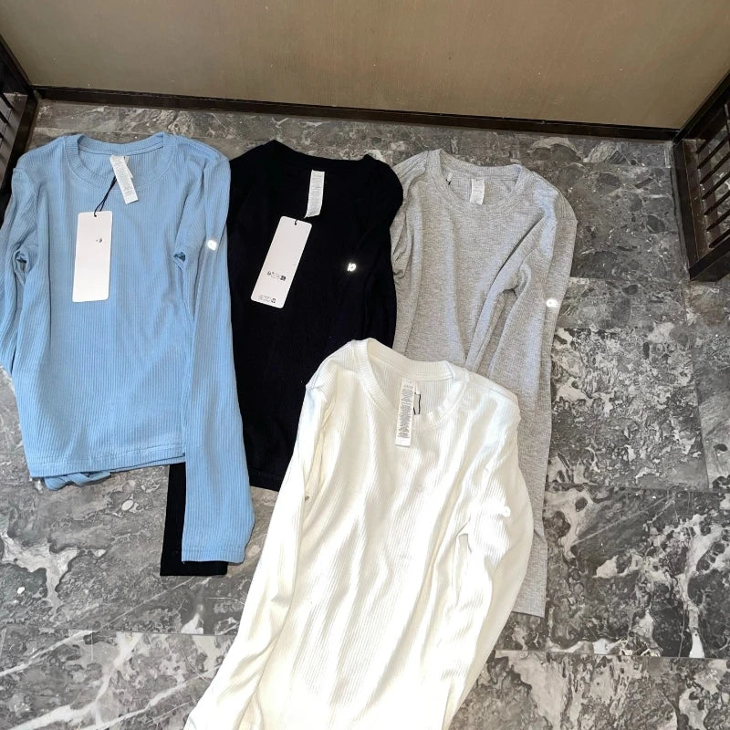 Yoga Round Neck Long Sleeve T-Shirt Women's New Threaded Knitted High Elastic Bottom Slim Skinny Casual Sports Top