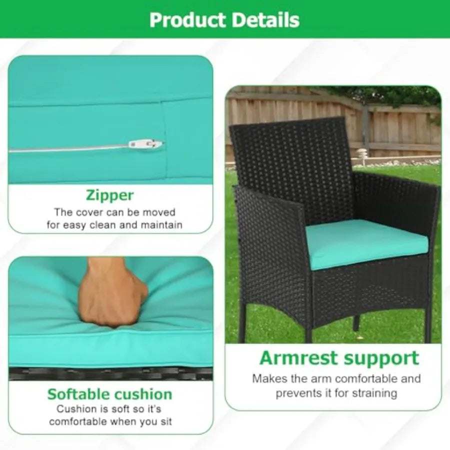 FDW 3 Piece Outdoor Furniture Set Patio Wicker Chairs Furniture Bistro Conversation Set 2 Rattan Chairs with Blue Cushions and