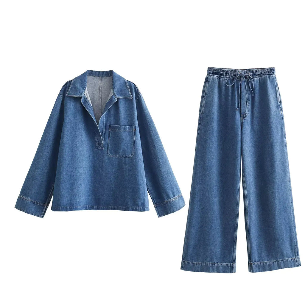 Pullover Collar Pocket Shirt Denim Set Drawstring Casual Pants Jeans Set Light Soft Jean Outfit Women Relaxed Fit Denim Outfit