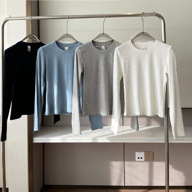 Yoga Round Neck Long Sleeve T-Shirt Women's New Threaded Knitted High Elastic Bottom Slim Skinny Casual Sports Top