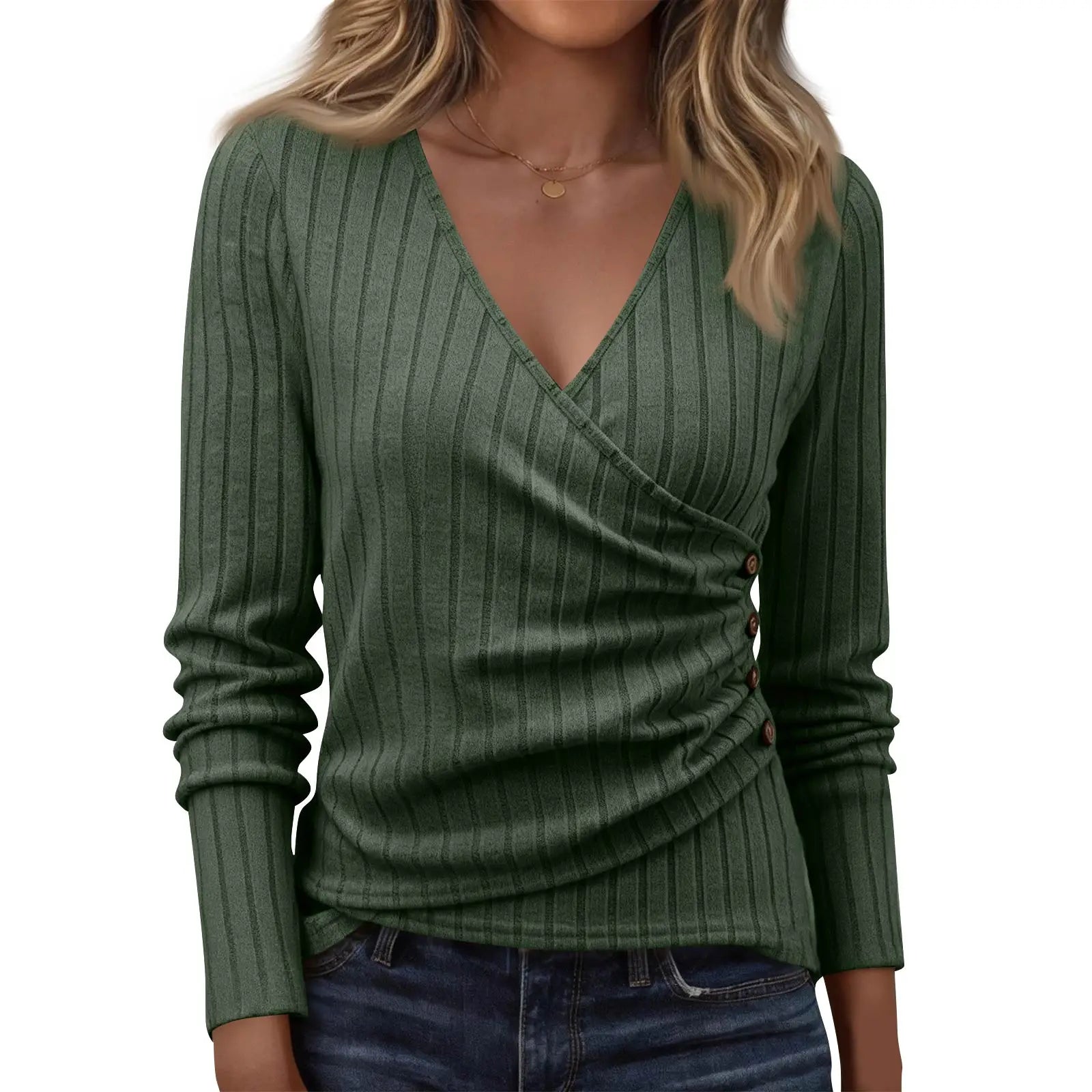 Women Daily Comfortable Pullover Casual Long Sleeve V Neck Solid Color Top Female Spring Outdoor Daily Fashion Cozy Clothes