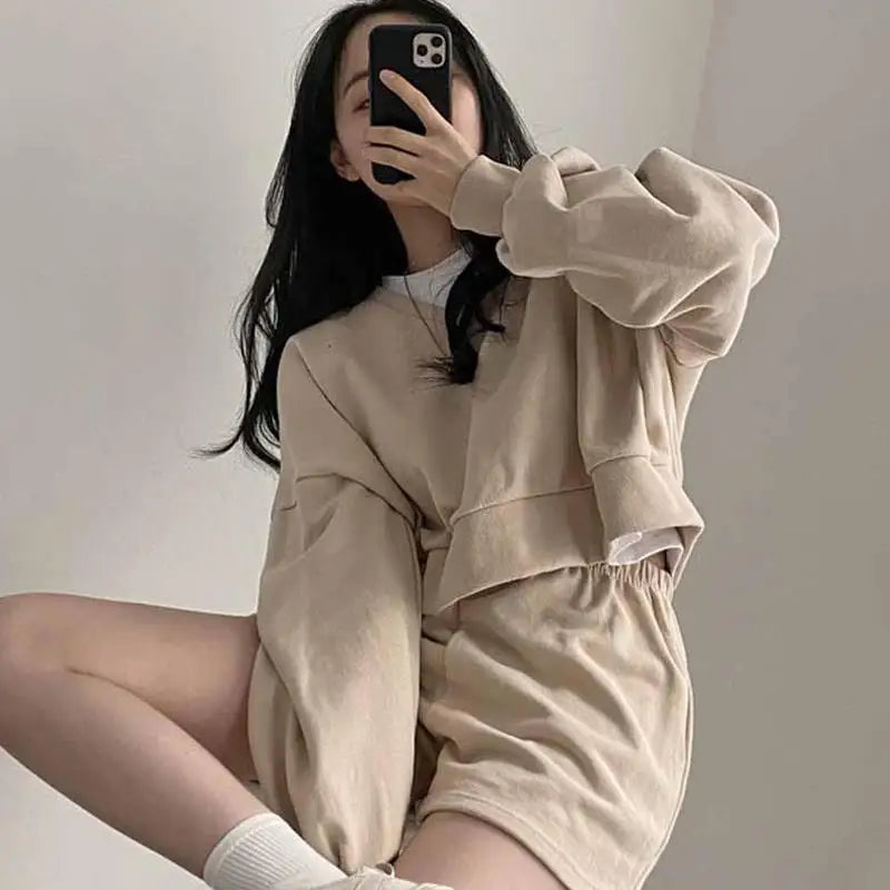 Korean Set Lazy V Neck Pullover Sweatshirt Set Loose Long Sleeve Casual Loungewear Set High Waist Wide Leg Shorts Outfit
