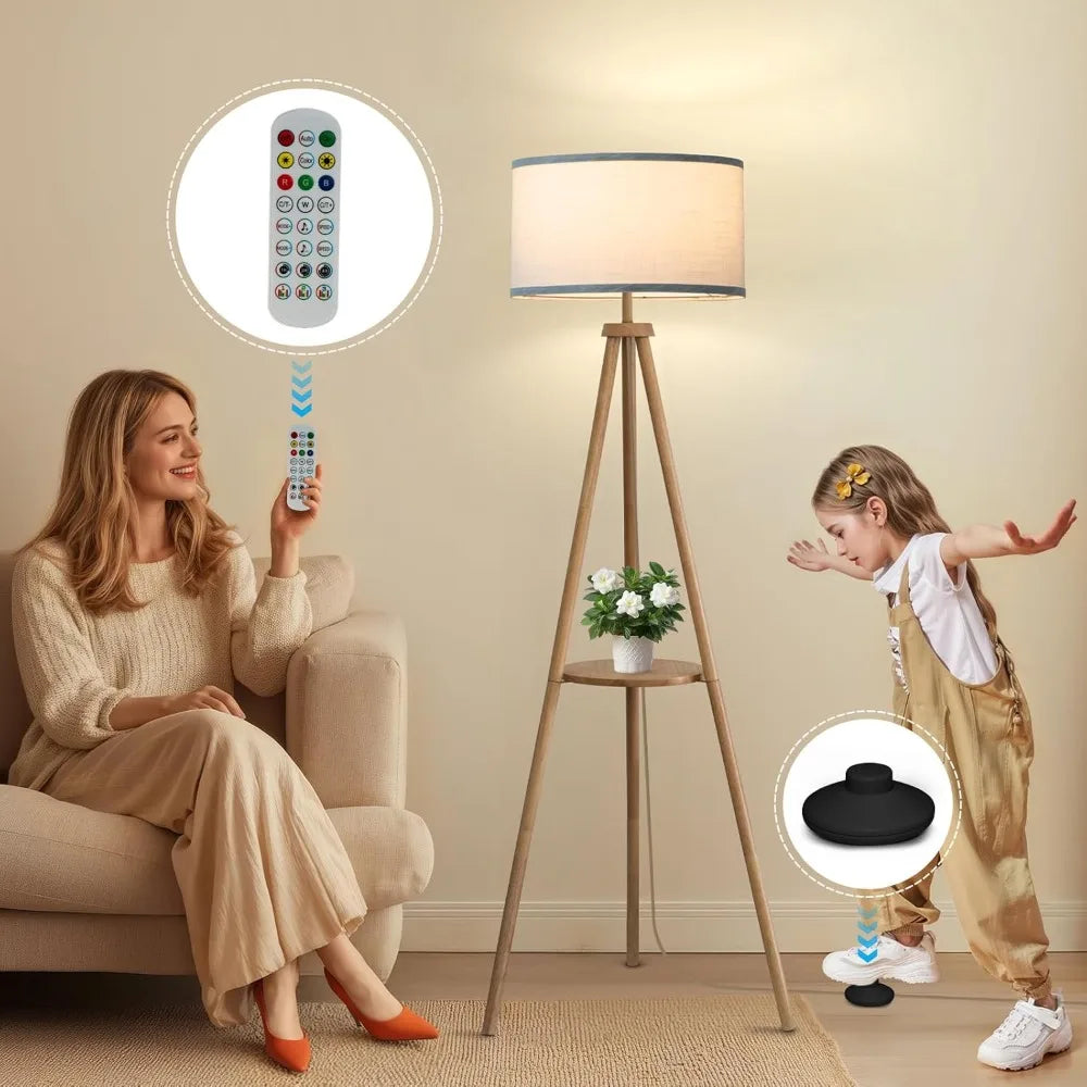 Floor Lamp with 3 Light Modes Adjustable– Wood Tripod Floor Lamp Modern LED Standing Lamp with Dimmable Brightness, Perfect