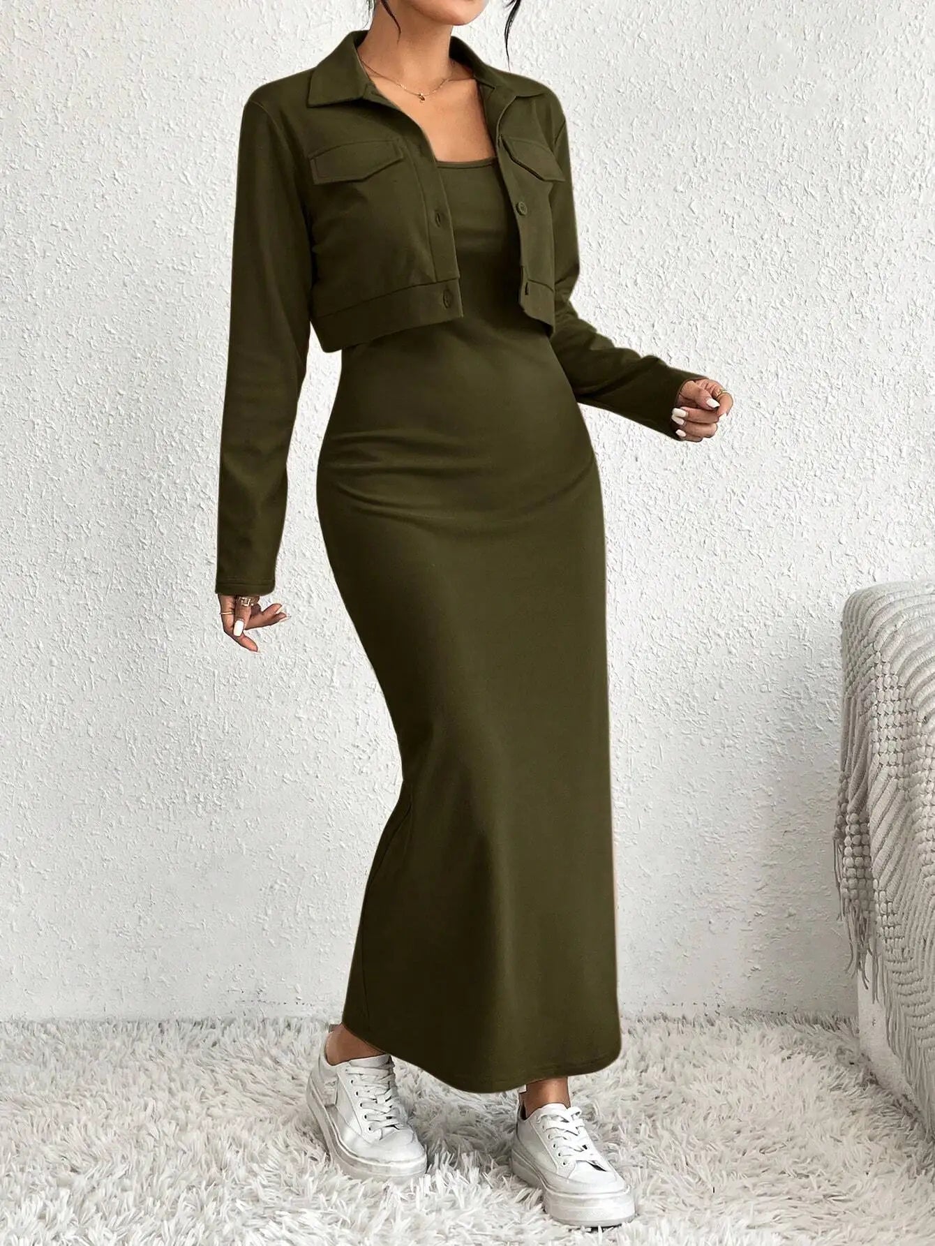 Women's Solid Color Button-Front Cropped Jacket and Slip Dress Set