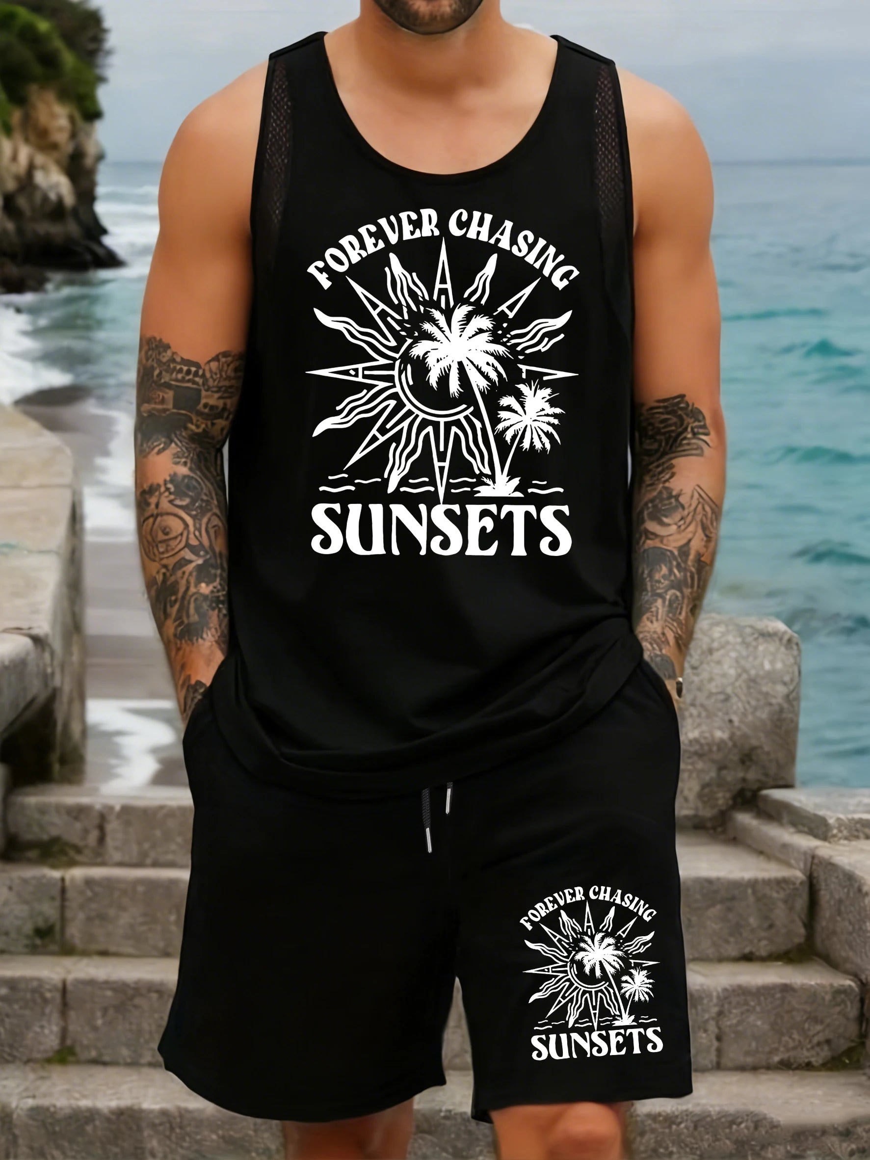 Forever Chasing Sunset Design Men Mesh Tank Tops Sets Fitness Summer Top Crewneck Sleeveless Vest Wide-Leg Pocket Shorts